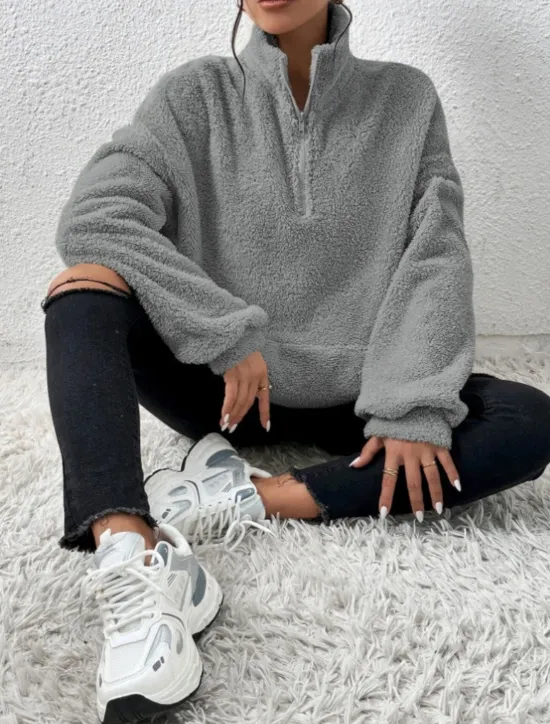 Best Women's Quarter Zipper Sweater Pullover Casual Soft Pure Color Fuzzy Stand Collar Pocket Long Sleeve Regular Tops Knit Outdoor Daily Weekend Black Apricot Fall Winter Women Hoodies & Sweatshirts