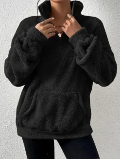 Best Women's Quarter Zipper Sweater Pullover Casual Soft Pure Color Fuzzy Stand Collar Pocket Long Sleeve Regular Tops Knit Outdoor Daily Weekend Black Apricot Fall Winter Women Hoodies & Sweatshirts