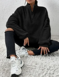 Best Women's Quarter Zipper Sweater Pullover Casual Soft Pure Color Fuzzy Stand Collar Pocket Long Sleeve Regular Tops Knit Outdoor Daily Weekend Black Apricot Fall Winter Women Hoodies & Sweatshirts