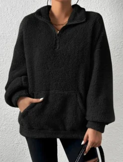 Best Women's Quarter Zipper Sweater Pullover Casual Soft Pure Color Fuzzy Stand Collar Pocket Long Sleeve Regular Tops Knit Outdoor Daily Weekend Black Apricot Fall Winter Women Hoodies & Sweatshirts