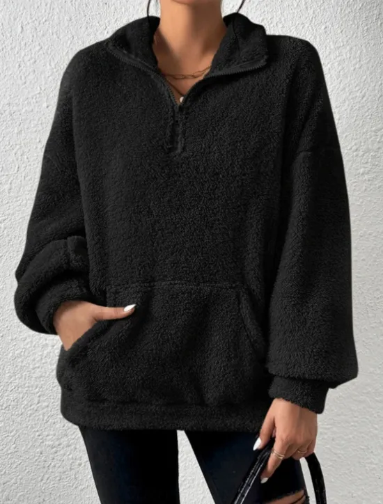 Best Women's Quarter Zipper Sweater Pullover Casual Soft Pure Color Fuzzy Stand Collar Pocket Long Sleeve Regular Tops Knit Outdoor Daily Weekend Black Apricot Fall Winter Women Hoodies & Sweatshirts