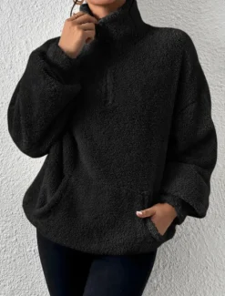 Best Women's Quarter Zipper Sweater Pullover Casual Soft Pure Color Fuzzy Stand Collar Pocket Long Sleeve Regular Tops Knit Outdoor Daily Weekend Black Apricot Fall Winter Women Hoodies & Sweatshirts