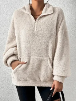 Best Women's Quarter Zipper Sweater Pullover Casual Soft Pure Color Fuzzy Stand Collar Pocket Long Sleeve Regular Tops Knit Outdoor Daily Weekend Black Apricot Fall Winter Women Hoodies & Sweatshirts