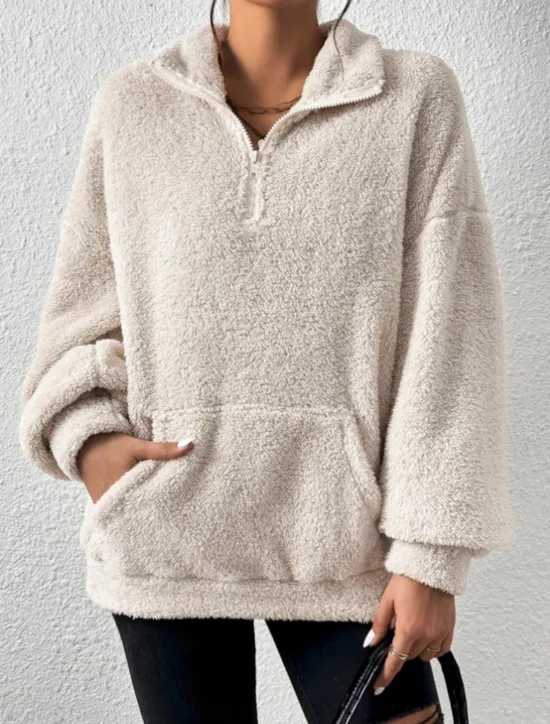 Best Women's Quarter Zipper Sweater Pullover Casual Soft Pure Color Fuzzy Stand Collar Pocket Long Sleeve Regular Tops Knit Outdoor Daily Weekend Black Apricot Fall Winter Women Hoodies & Sweatshirts