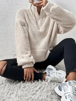 Best Women's Quarter Zipper Sweater Pullover Casual Soft Pure Color Fuzzy Stand Collar Pocket Long Sleeve Regular Tops Knit Outdoor Daily Weekend Black Apricot Fall Winter Women Hoodies & Sweatshirts