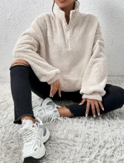 Best Women's Quarter Zipper Sweater Pullover Casual Soft Pure Color Fuzzy Stand Collar Pocket Long Sleeve Regular Tops Knit Outdoor Daily Weekend Black Apricot Fall Winter Women Hoodies & Sweatshirts