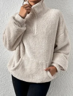 Best Women's Quarter Zipper Sweater Pullover Casual Soft Pure Color Fuzzy Stand Collar Pocket Long Sleeve Regular Tops Knit Outdoor Daily Weekend Black Apricot Fall Winter Women Hoodies & Sweatshirts