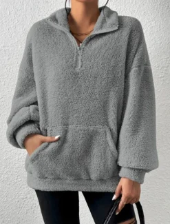 Best Women's Quarter Zipper Sweater Pullover Casual Soft Pure Color Fuzzy Stand Collar Pocket Long Sleeve Regular Tops Knit Outdoor Daily Weekend Black Apricot Fall Winter Women Hoodies & Sweatshirts