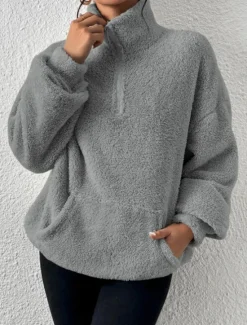Best Women's Quarter Zipper Sweater Pullover Casual Soft Pure Color Fuzzy Stand Collar Pocket Long Sleeve Regular Tops Knit Outdoor Daily Weekend Black Apricot Fall Winter Women Hoodies & Sweatshirts
