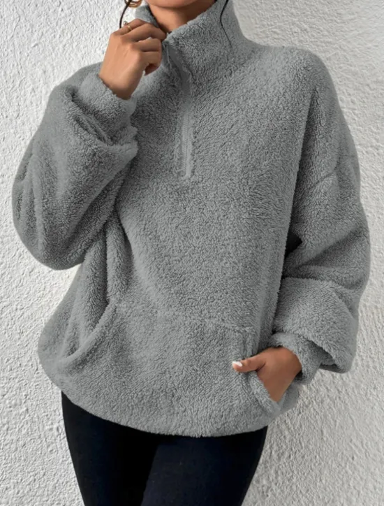 Best Women's Quarter Zipper Sweater Pullover Casual Soft Pure Color Fuzzy Stand Collar Pocket Long Sleeve Regular Tops Knit Outdoor Daily Weekend Black Apricot Fall Winter Women Hoodies & Sweatshirts