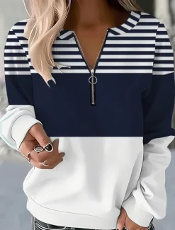 Clearance Women's Quarter Zipper Sweater Striped Street Dailywear Print Casual Crew Neck Long Sleeve Micro-elastic Fall Winter Comfrt Breathable Soft Fabric Women Hoodies & Sweatshirts