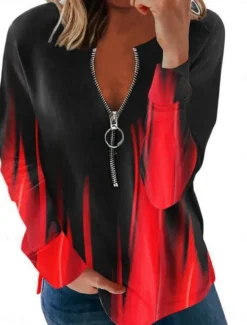 Best Women's Quarter Zipper Sweater Pullover Geometric Casual Long Sleeve Crew Neck Regular Tops Street Dailywear Casual Print Black White Red Blue Gray Fall Winter Women Hoodies & Sweatshirts