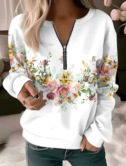 Hot Women's Quarter Zipper Sweater Pullover Floral Butterfly Casual Sports Quarter Denim Blue White Navy Blue Elegant Vintage Fashion Half Long Sleeve Top Comfrt Breathable Soft Fabric Women Hoodies & Sweatshirts