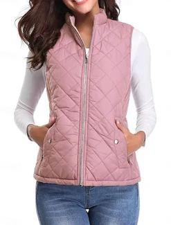 New Women's Quilted Vest Crop Sleeveless Winter Coat Lightweight Puffer Gilet Warm Windproof Outerwear with Pockets Zip up Fall Street Casual Jacket Light Blue claret Sea Blue Women Puffers & Parka