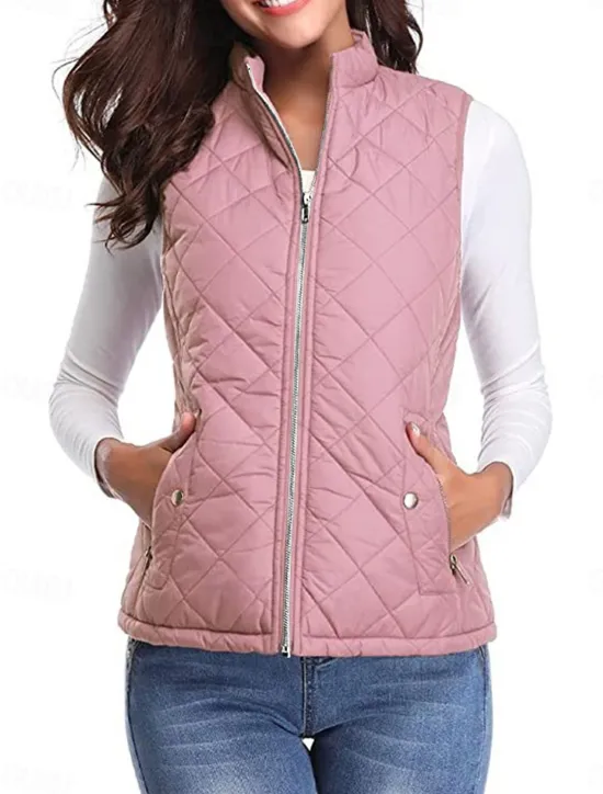 New Women's Quilted Vest Crop Sleeveless Winter Coat Lightweight Puffer Gilet Warm Windproof Outerwear with Pockets Zip up Fall Street Casual Jacket Light Blue claret Sea Blue Women Puffers & Parka