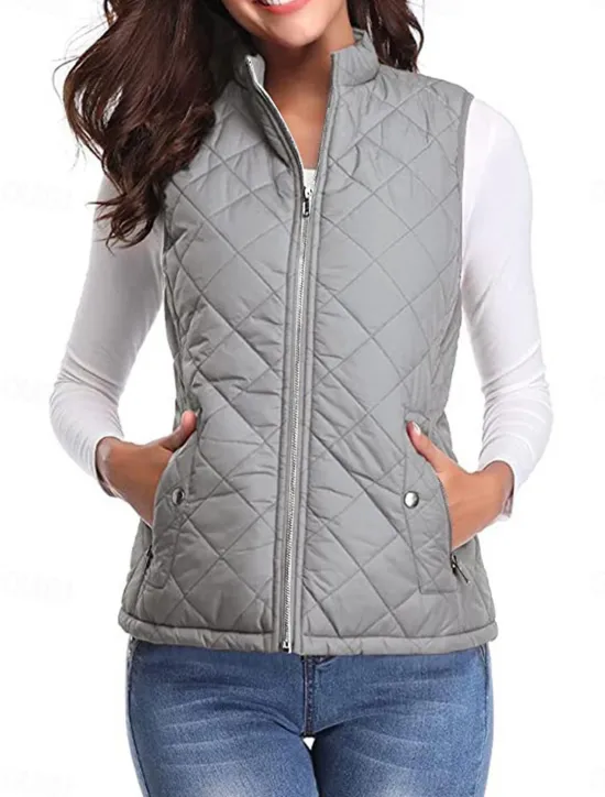New Women's Quilted Vest Crop Sleeveless Winter Coat Lightweight Puffer Gilet Warm Windproof Outerwear with Pockets Zip up Fall Street Casual Jacket Light Blue claret Sea Blue Women Puffers & Parka