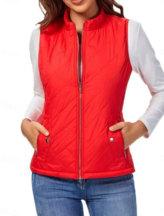 New Women's Quilted Vest Crop Sleeveless Winter Coat Lightweight Puffer Gilet Warm Windproof Outerwear with Pockets Zip up Fall Street Casual Jacket Light Blue claret Sea Blue Women Puffers & Parka