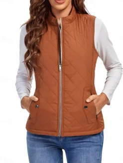 New Women's Quilted Vest Crop Sleeveless Winter Coat Lightweight Puffer Gilet Warm Windproof Outerwear with Pockets Zip up Fall Street Casual Jacket Light Blue claret Sea Blue Women Puffers & Parka