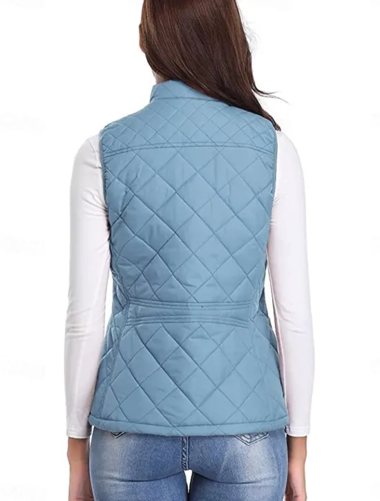 New Women's Quilted Vest Crop Sleeveless Winter Coat Lightweight Puffer Gilet Warm Windproof Outerwear with Pockets Zip up Fall Street Casual Jacket Light Blue claret Sea Blue Women Puffers & Parka