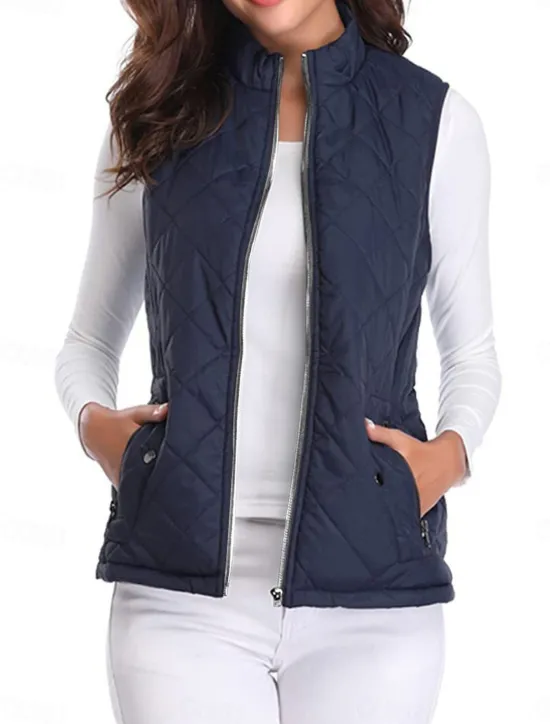 New Women's Quilted Vest Crop Sleeveless Winter Coat Lightweight Puffer Gilet Warm Windproof Outerwear with Pockets Zip up Fall Street Casual Jacket Light Blue claret Sea Blue Women Puffers & Parka