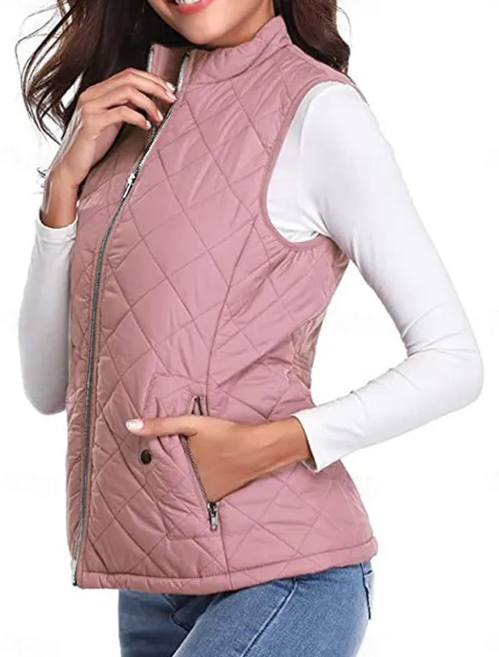 New Women's Quilted Vest Crop Sleeveless Winter Coat Lightweight Puffer Gilet Warm Windproof Outerwear with Pockets Zip up Fall Street Casual Jacket Light Blue claret Sea Blue Women Puffers & Parka