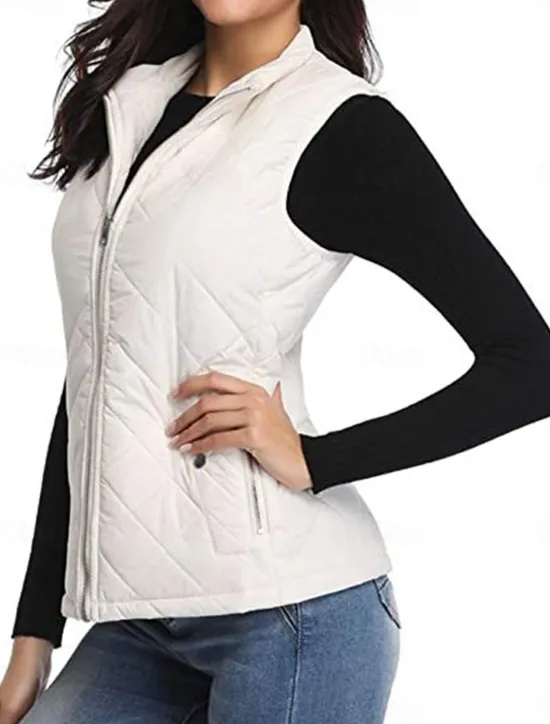 New Women's Quilted Vest Crop Sleeveless Winter Coat Lightweight Puffer Gilet Warm Windproof Outerwear with Pockets Zip up Fall Street Casual Jacket Light Blue claret Sea Blue Women Puffers & Parka