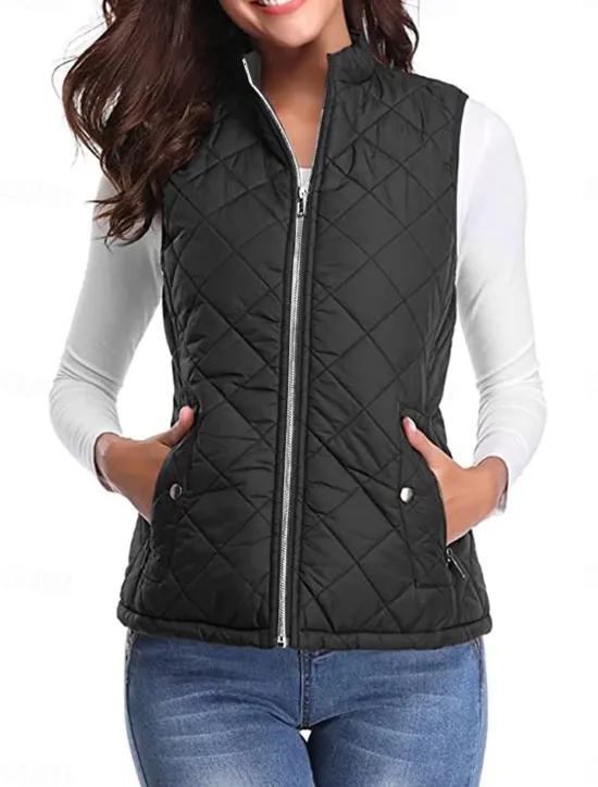 New Women's Quilted Vest Crop Sleeveless Winter Coat Lightweight Puffer Gilet Warm Windproof Outerwear with Pockets Zip up Fall Street Casual Jacket Light Blue claret Sea Blue Women Puffers & Parka