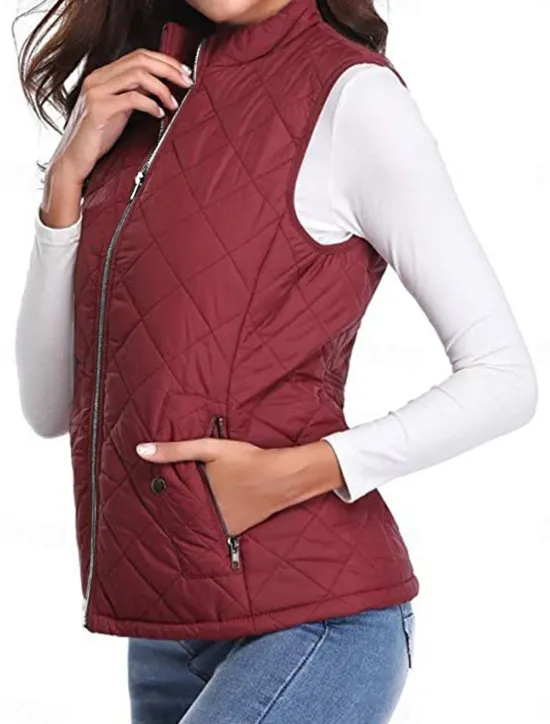 New Women's Quilted Vest Crop Sleeveless Winter Coat Lightweight Puffer Gilet Warm Windproof Outerwear with Pockets Zip up Fall Street Casual Jacket Light Blue claret Sea Blue Women Puffers & Parka