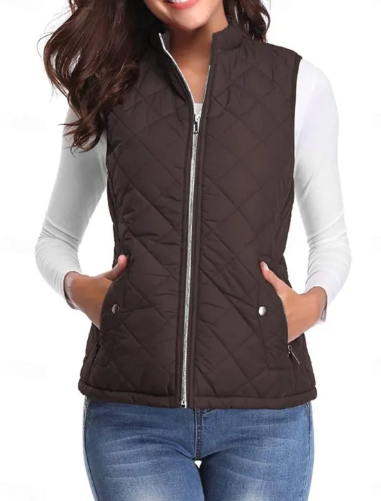 New Women's Quilted Vest Crop Sleeveless Winter Coat Lightweight Puffer Gilet Warm Windproof Outerwear with Pockets Zip up Fall Street Casual Jacket Light Blue claret Sea Blue Women Puffers & Parka