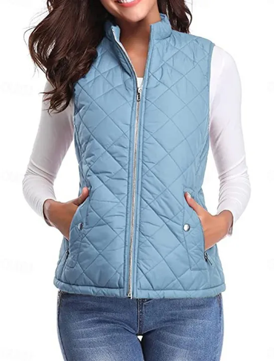 New Women's Quilted Vest Crop Sleeveless Winter Coat Lightweight Puffer Gilet Warm Windproof Outerwear with Pockets Zip up Fall Street Casual Jacket Light Blue claret Sea Blue Women Puffers & Parka