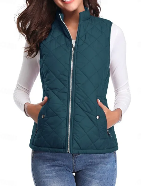 New Women's Quilted Vest Crop Sleeveless Winter Coat Lightweight Puffer Gilet Warm Windproof Outerwear with Pockets Zip up Fall Street Casual Jacket Light Blue claret Sea Blue Women Puffers & Parka