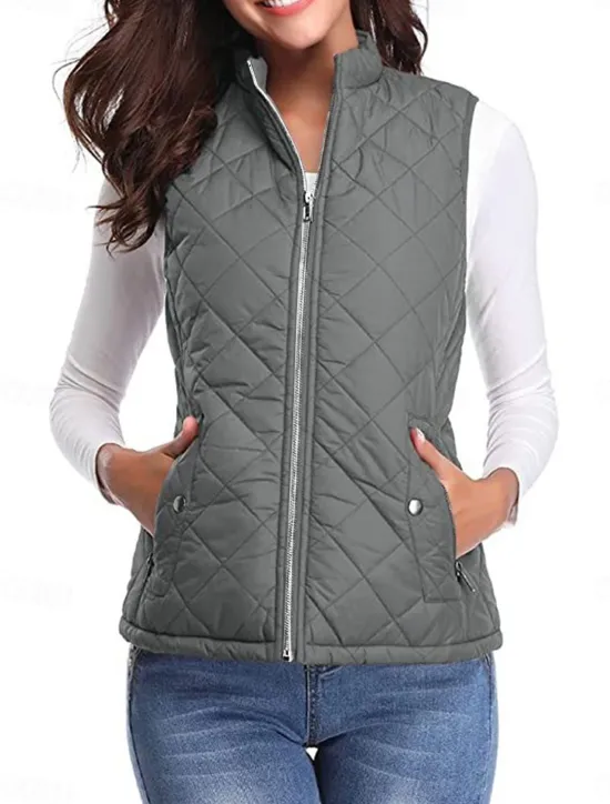 New Women's Quilted Vest Crop Sleeveless Winter Coat Lightweight Puffer Gilet Warm Windproof Outerwear with Pockets Zip up Fall Street Casual Jacket Light Blue claret Sea Blue Women Puffers & Parka