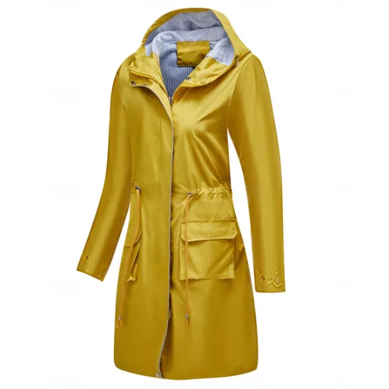 Best Women's Raincoat Waterproof Rain Jacket Mid-Length Windproof Trench Coat Sport Outdoor Hiking Hooded Jacket with Pockets Casual Jacket Long Sleeve Drawstring Winter Coat Warm Black Yellow Women Jackets