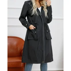 Best Women's Raincoat Waterproof Rain Jacket Mid-Length Windproof Trench Coat Sport Outdoor Hiking Hooded Jacket with Pockets Casual Jacket Long Sleeve Drawstring Winter Coat Warm Black Yellow Women Jackets