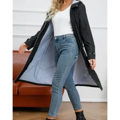 Best Women's Raincoat Waterproof Rain Jacket Mid-Length Windproof Trench Coat Sport Outdoor Hiking Hooded Jacket with Pockets Casual Jacket Long Sleeve Drawstring Winter Coat Warm Black Yellow Women Jackets