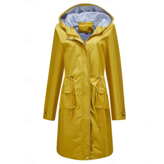 Best Women's Raincoat Waterproof Rain Jacket Mid-Length Windproof Trench Coat Sport Outdoor Hiking Hooded Jacket with Pockets Casual Jacket Long Sleeve Drawstring Winter Coat Warm Black Yellow Women Jackets