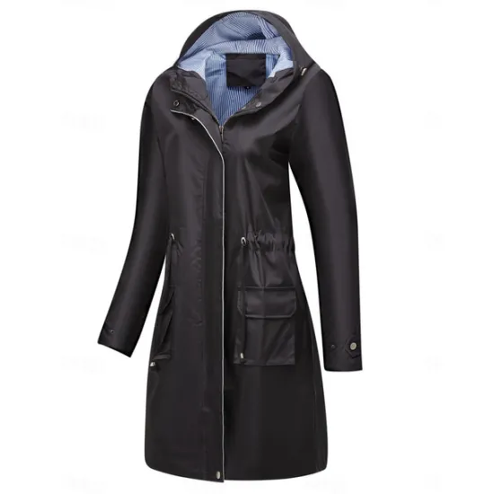 Best Women's Raincoat Waterproof Rain Jacket Mid-Length Windproof Trench Coat Sport Outdoor Hiking Hooded Jacket with Pockets Casual Jacket Long Sleeve Drawstring Winter Coat Warm Black Yellow Women Jackets