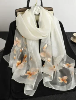 Online Women's Rectangle Scarf Street Daily Date White Purple Scarf Floral Women Scarves