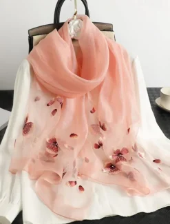 Online Women's Rectangle Scarf Street Daily Date White Purple Scarf Floral Women Scarves