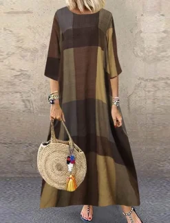 New Women's Red Khaki Dark Blue Summer Spring Maxi Dress Linen-Inspired Dresses Casual Dress Fashion Casual Outdoor Daily Going out Loose Fit Plaid Crew Neck Boat Neck Women Dresses