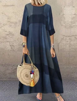 New Women's Red Khaki Dark Blue Summer Spring Maxi Dress Linen-Inspired Dresses Casual Dress Fashion Casual Outdoor Daily Going out Loose Fit Plaid Crew Neck Boat Neck Women Dresses