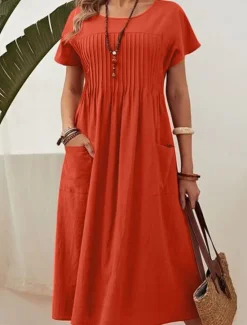 Sale Women's Red Navy Blue Green Summer Spring Midi Dress Linen-Inspired Dresses Casual Dress Cotton Linen Dress Vacation Basic Modern Daily Weekend Loose Fit Plain Crew Neck Women Dresses
