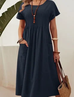 Sale Women's Red Navy Blue Green Summer Spring Midi Dress Linen-Inspired Dresses Casual Dress Cotton Linen Dress Vacation Basic Modern Daily Weekend Loose Fit Plain Crew Neck Women Dresses