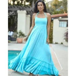Outlet Women's Resort Maxi Dress Smocked Waist Blue Elegant Halter Neck Cami Maxi Dress Beach Cover Up Women Casual Dress