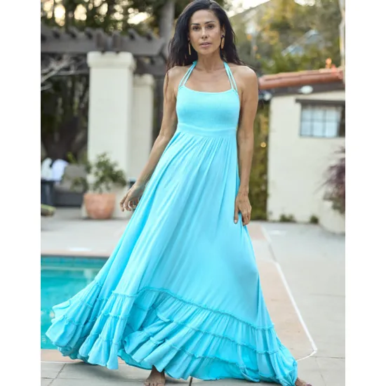 Outlet Women's Resort Maxi Dress Smocked Waist Blue Elegant Halter Neck Cami Maxi Dress Beach Cover Up Women Casual Dress