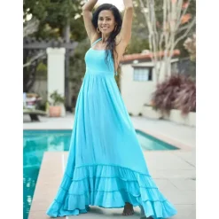 Outlet Women's Resort Maxi Dress Smocked Waist Blue Elegant Halter Neck Cami Maxi Dress Beach Cover Up Women Casual Dress