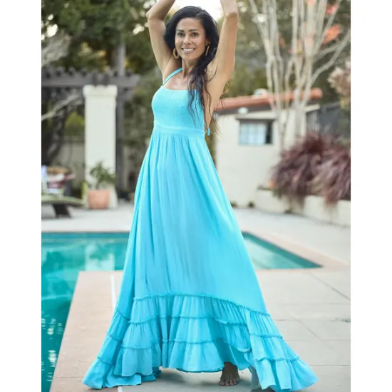 Outlet Women's Resort Maxi Dress Smocked Waist Blue Elegant Halter Neck Cami Maxi Dress Beach Cover Up Women Casual Dress