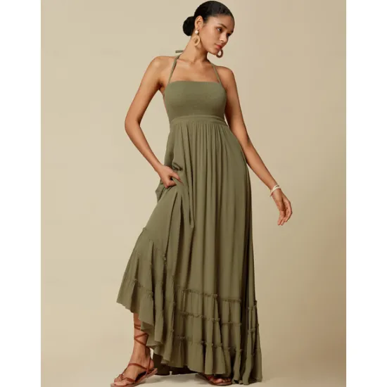 Outlet Women's Resort Maxi Dress Smocked Waist Blue Elegant Halter Neck Cami Maxi Dress Beach Cover Up Women Casual Dress