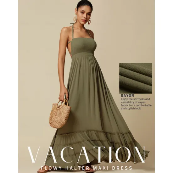 Outlet Women's Resort Maxi Dress Smocked Waist Blue Elegant Halter Neck Cami Maxi Dress Beach Cover Up Women Casual Dress