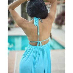 Outlet Women's Resort Maxi Dress Smocked Waist Blue Elegant Halter Neck Cami Maxi Dress Beach Cover Up Women Casual Dress